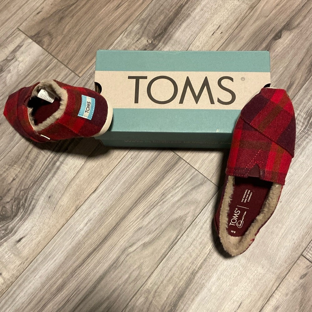 TOMS Red Cozy Plaid Faux Fur Flats